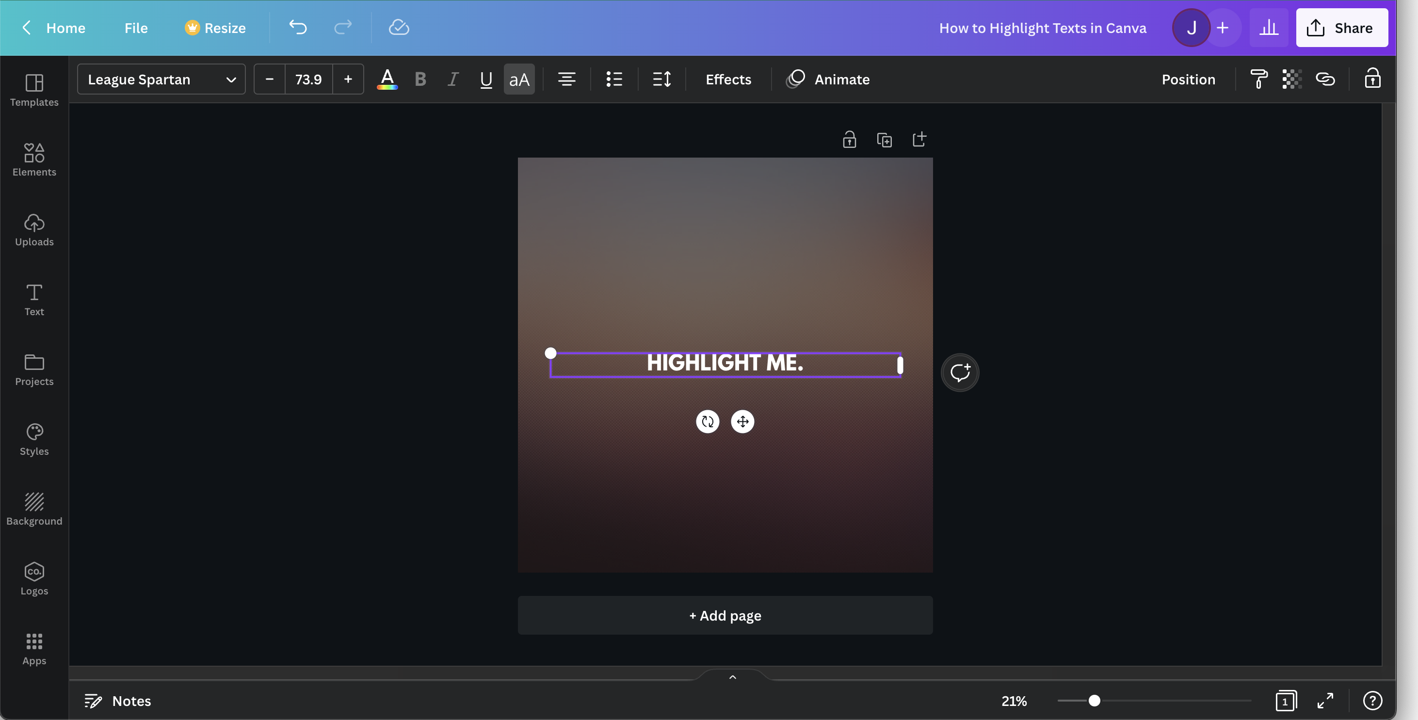 Highlight text in Canva